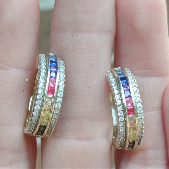 🌈 Vintage 90s Vermeil Sterling Rainbow Gemstone Hoop Earrings - Picture 8 of 8